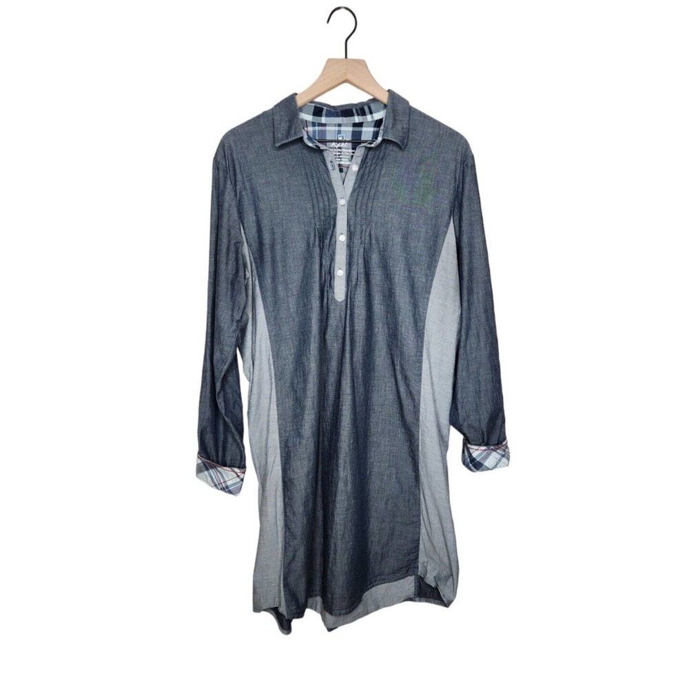 Kuhl Kiley Shirt Mini Dress Blue Chambray Collared Plaid Cuffs Button Up Sz XL
